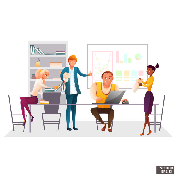 一组卡通人物办公室职员在讨论一些事情图片下载