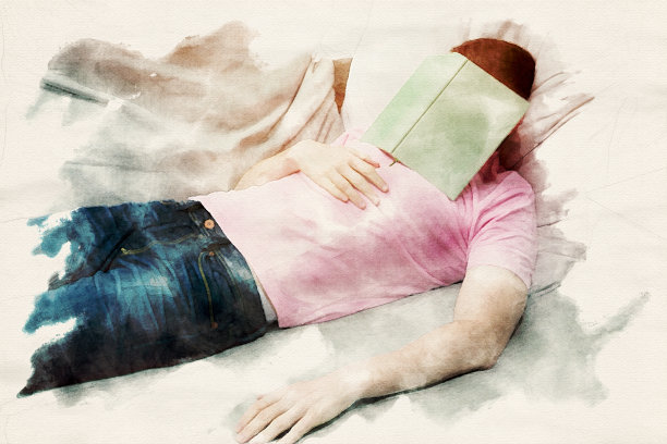 一个男人睡在沙发上，头上顶着一本书水彩画图片下载