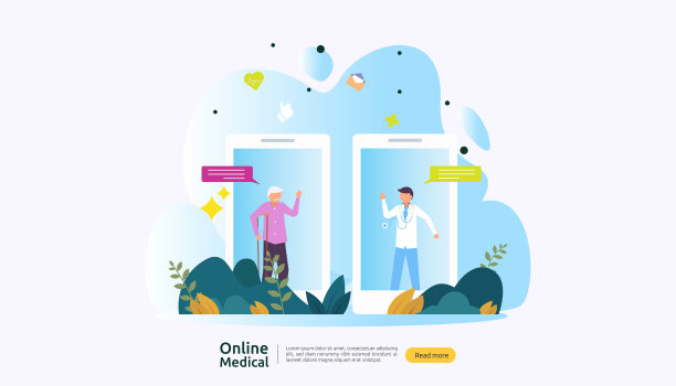 扁平的在线医疗咨询或保健服务。以人为本，呼唤医生支持理念。模板为网页登陆页，横幅，演示，社会，海报，广告，促销或印刷媒体图片下载