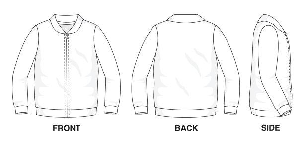 孤立对象的服装和时尚时尚的穿着填补了衬衫毛衣的空白。普通t圆领长袖背心拉链插图矢量模板。正面，背面和侧视图图片下载