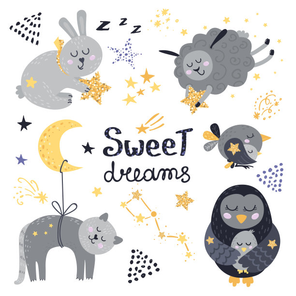 矢量集可爱的睡眠动物。图片下载