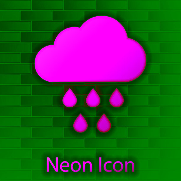 霓虹灯云与雨的图标孤立在砖墙的背景。雨云与雨滴一起沉淀。矢量图图片下载