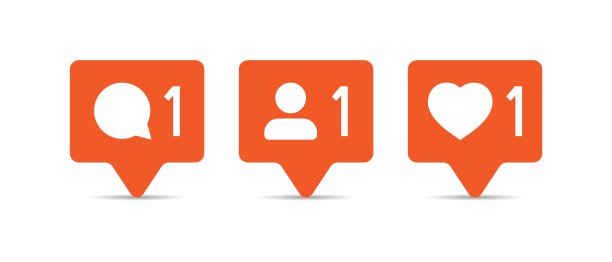 平面风格的社交媒体通知标志图标。比如，评论，在白色孤立背景上跟随矢量插图。点击按钮经营概念。图片下载