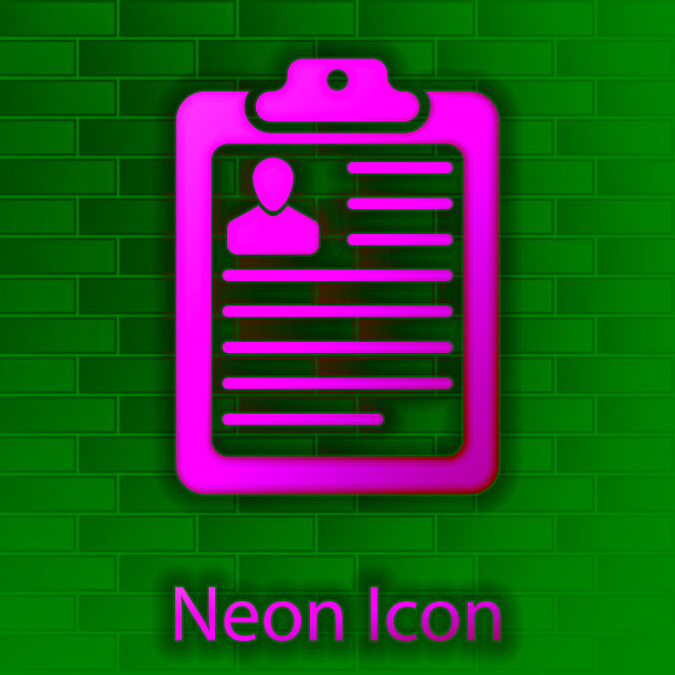 发光的霓虹灯剪贴板与简历和男人剪影图标孤立在砖墙的背景。简历的应用程序。个人简历，职位申请表，照片概念。矢量图图片下载