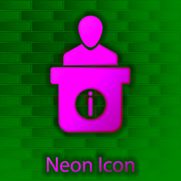 发光的霓虹灯信息台图标孤立在砖墙的背景上。男子侧影站在问讯处。帮助的人的象征。服务台图标。矢量图图片下载