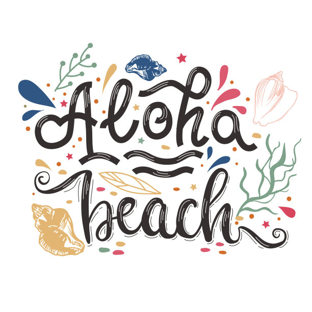 印刷字母“阿罗哈海滩”，贝壳和海藻。鼓舞人心的夏天报价。图片下载