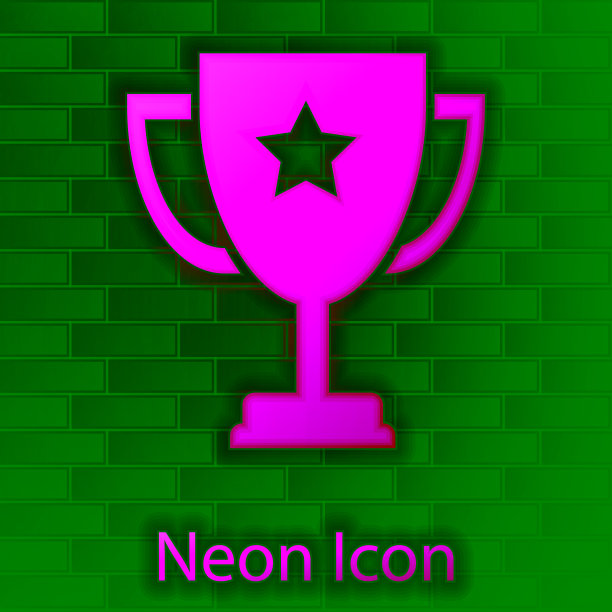 发光的霓虹灯奖杯图标孤立在砖墙背景上。奖的象征。冠军奖杯图标。矢量图图片下载