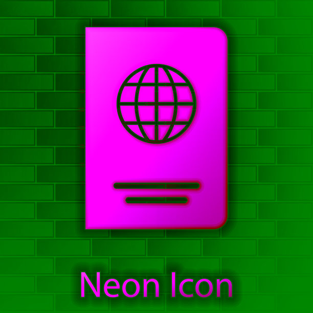 发光的霓虹灯护照与生物特征数据图标隔离在砖墙的背景。身份证明文件。矢量图图片下载