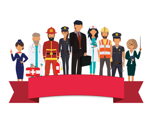 国际劳动节用丝带。不同职业的人站在白色的背景上。设计印刷贺卡，销售旗帜，海报。矢量插图在一个平坦的风格图片下载
