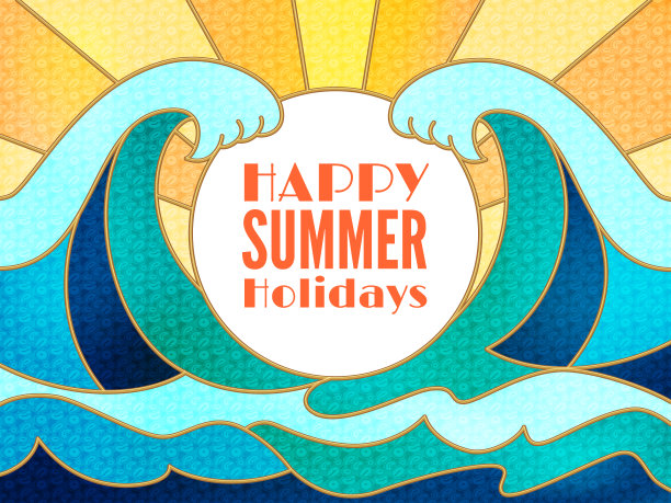 快乐的暑假设计背景。白色的圆形横幅为文字，蓝色的平面抽象大海的大浪或海洋景观。图片下载