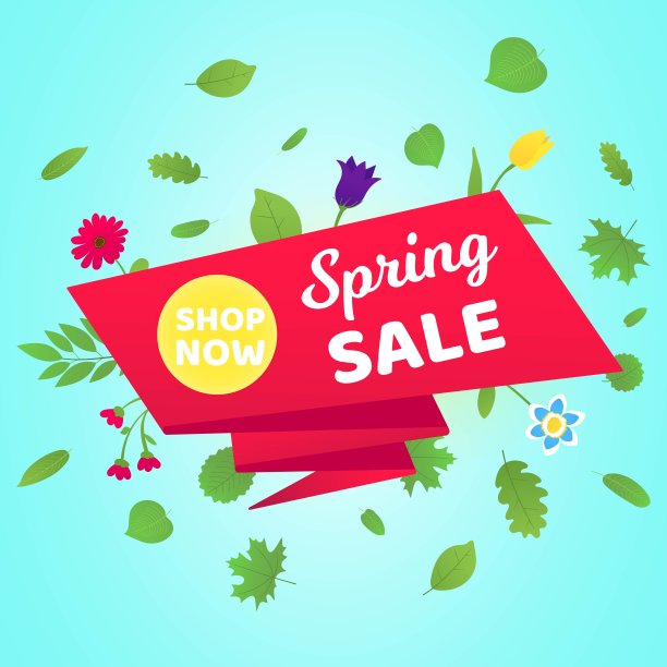 春季销售矢量横幅或海报梯度平面风格设计矢量插图。巨大的红色丝带与文字春天销售，绿色的树叶和美丽的花朵周围孤立的天空背景图片下载