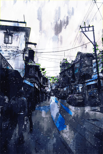 数字画的建筑在黑暗的色调，城市在夜晚的时间与行走的人图片下载