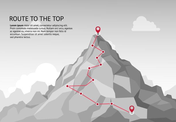 山路线信息。旅程挑战路径商业目标职业成长成功攀登使命。山型路径向量概念图片下载