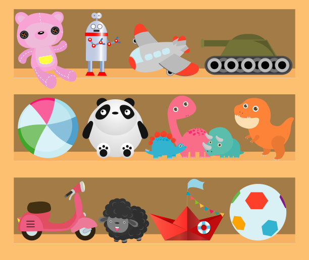 木制货架上的儿童玩具，卡通玩具上的婴儿购物木制货架。恐龙，机器人，ca,r娃娃，船孤立矢量插图素材图片