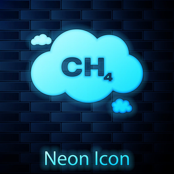 甲烷减排图标孤立于砖墙背景上。CH4分子模型和化学式。沼气。天然气。矢量图图片下载