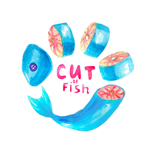水彩插图一片牛排或红鱼片躺在一个半圆与字母在中间切鱼，孤立图片下载