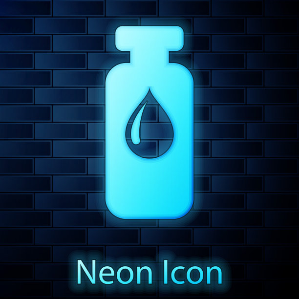 发光的霓虹灯医疗瓶，安瓿，瓶子图标隔离在砖墙背景。疫苗、注射、疫苗保健理念。矢量图图片下载