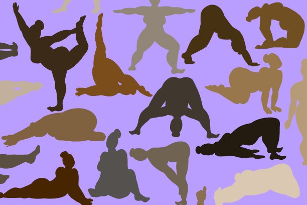 在浅紫色的背景上练习瑜伽的各种女性轮廓图片下载