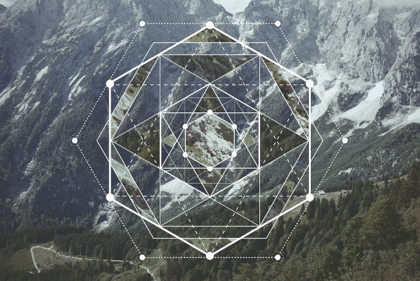 拼贴以山川、森林和神圣的几何符号图片下载