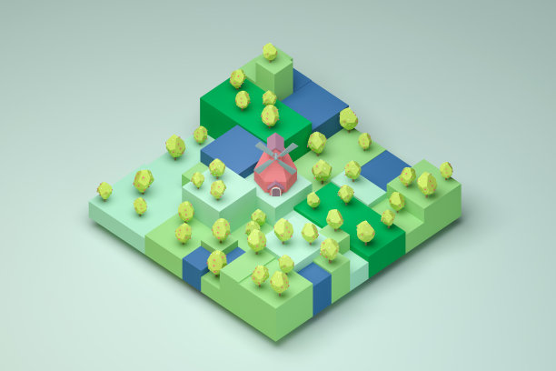 农场种植园景观3d低聚可爱复古等距3d插图。图片下载