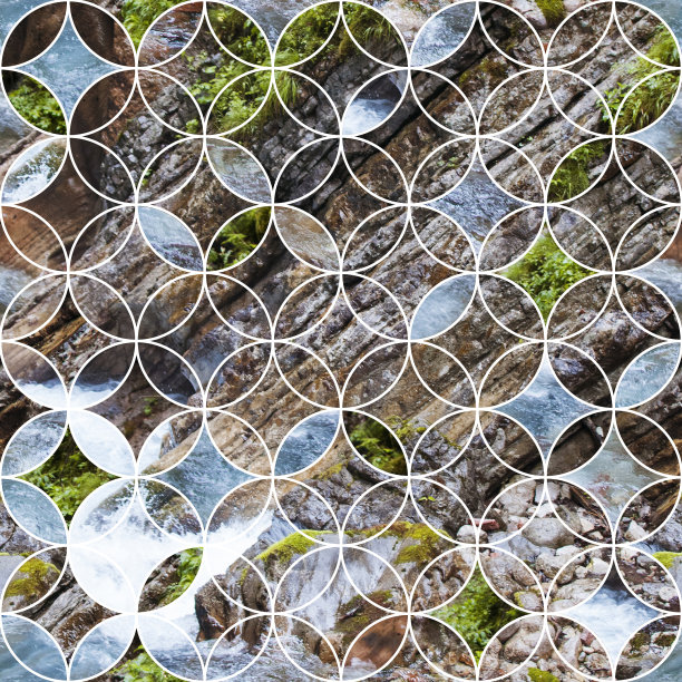 圆形无缝图案与岩石和河流的形象。图片下载