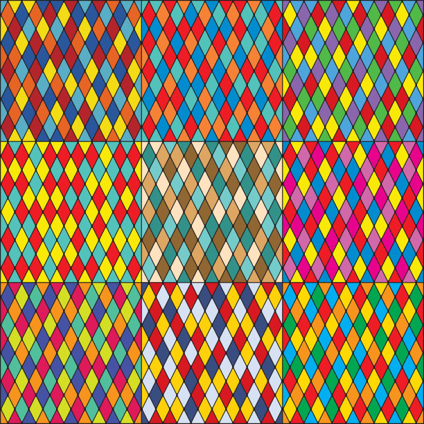 Harlequin的多色马赛克拼接，多色无缝图案，一套9块彩色瓷砖。图片下载