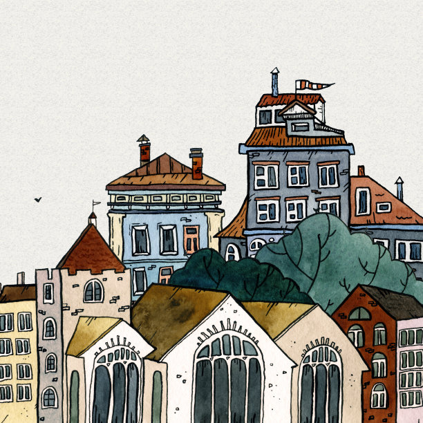 城市景观老城区手绘水彩插画。旧城景观有塔、屋、树。复古旅游卡，海报，明信片，传单，横幅的油墨素描。小镇的观点。图片下载