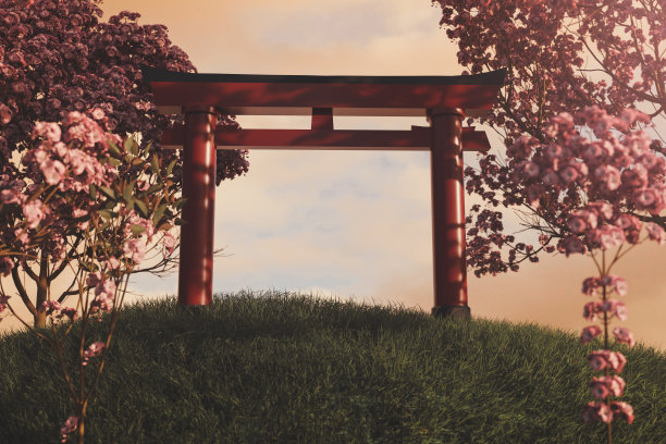 日本神道教的3d渲染旁边的日本樱桃树图片下载