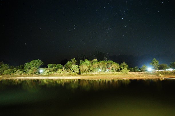 老挝万维格省宁静的小河上布满星星的天空。图片下载