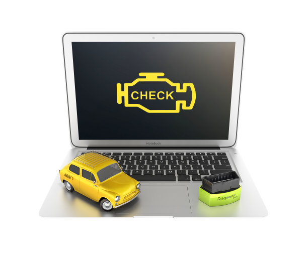 汽车诊断概念接近笔记本电脑与OBD2无线扫描仪和复古汽车在白色背景3d插图没有阴影图片下载