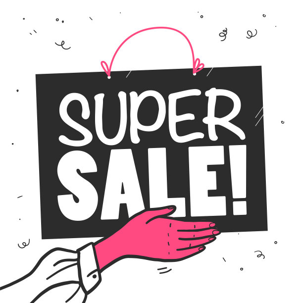 矢量平面销售横幅模板与人的手，纸屑，袋与口号在白色的背景。图片下载