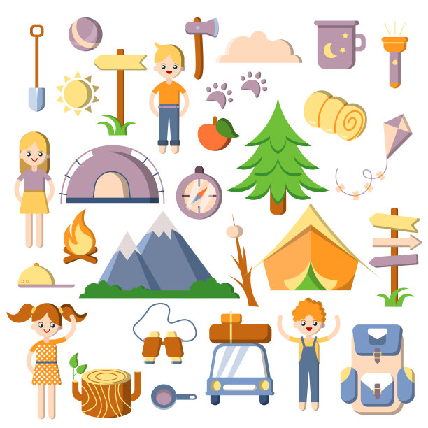 夏季儿童露营，矢量平坦，卡通营地图标。帐篷，树木，汽车，孩子，露营和夏季户外度假的设备。将平面物体隔离在白色背景上图片下载