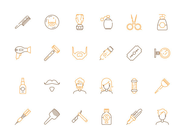 美容院图标。理发及理发店配件剪刀、梳、修、剃矢量彩色符号图片下载