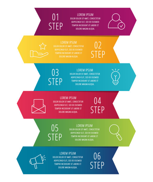 现代三维矢量插图。信息图表模板与六个箭头，文本。一步一步来。设计用于商业，演示，网页设计，图表，教育6步图片下载