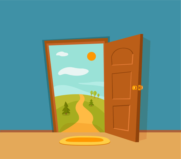 打开门卡通彩色矢量插图与山谷夏季太阳景观与道路，树木绿色的田野。住宅公寓入口走廊平面设计。家出口室内视野自由概念。图片下载