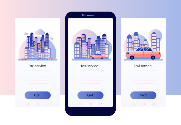 出租车服务。手机智能手机屏幕模板。以摩天大楼为背景的城市。平的风格。矢量图图片下载