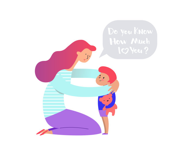 妈妈拥抱和拥抱她的宝宝或女孩抱着泰迪熊和喂养他。母亲拥抱新生的儿子，表达爱意和关怀。现代插画可以作为标志或象征。向量图片下载