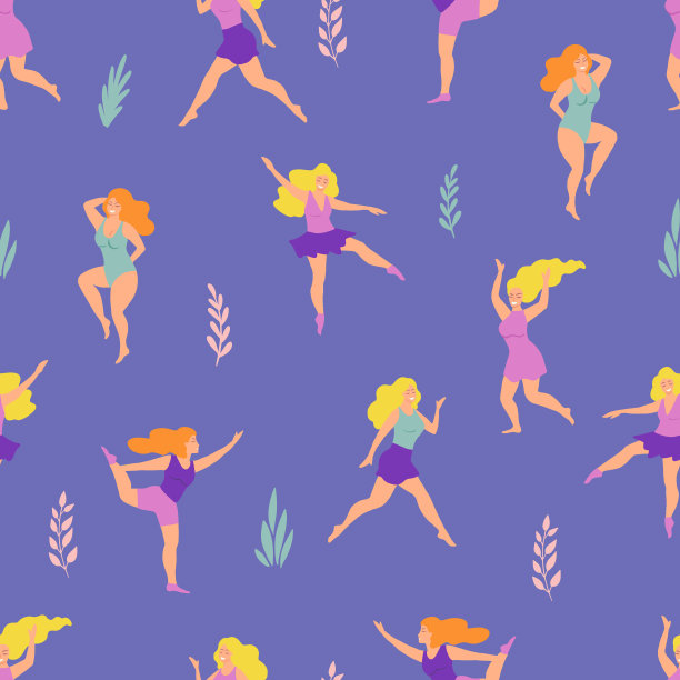 无缝模式与快乐加大小的妇女和叶子在紫色的背景。身材积极的女孩。图片下载