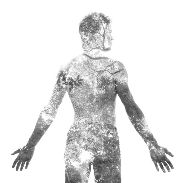 一个赤膊男子与树枝的双重曝光展示了大自然创造和生长的完美之美，黑白两色图片下载