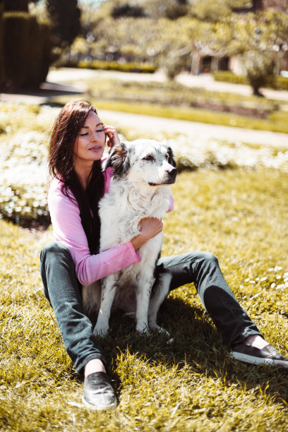 女人和狗在公园里玩得开心图片下载