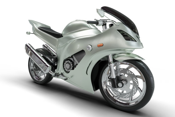3D渲染图像的金属淡绿色现代摩托车孤立在白色的背景图片下载