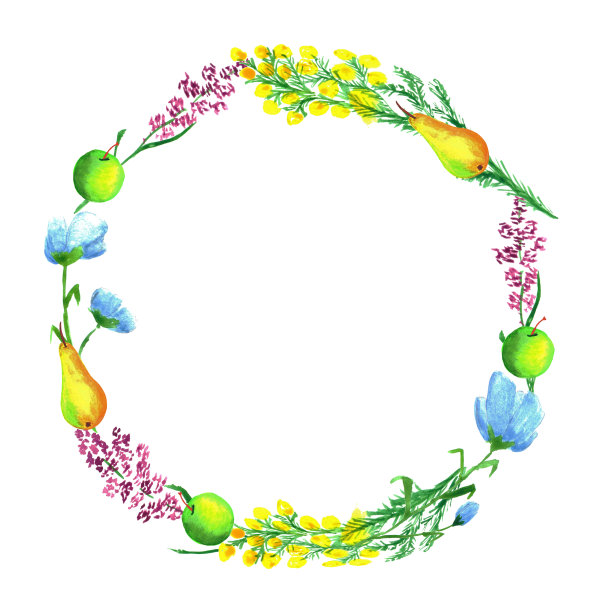 圆形框架与开花的野花和果实。水彩手绘插图孤立的白色背景。贺卡插图。图片下载