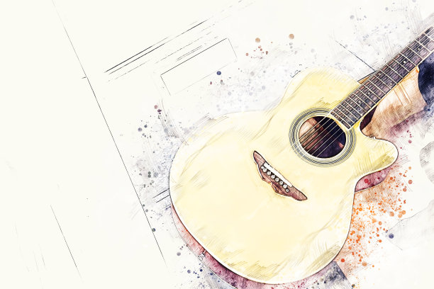 抽象美丽的吉他在前景上的水彩画背景和数字插图画笔艺术。图片下载