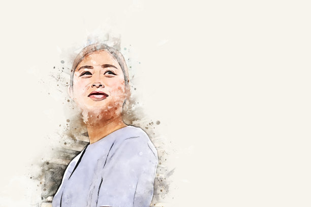 特写美丽的亚洲女人微笑肖像在首都的水彩插画画的背景。图片下载