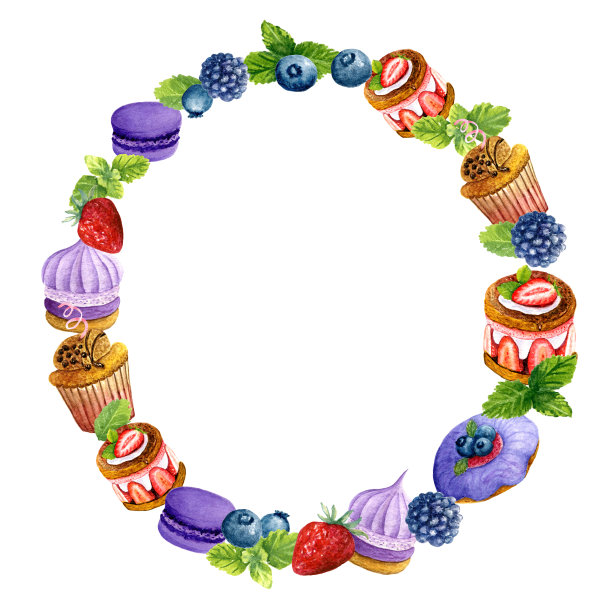用甜点和浆果做成的水彩花环。美味的蛋糕，杏仁，饼干和薄荷图片下载