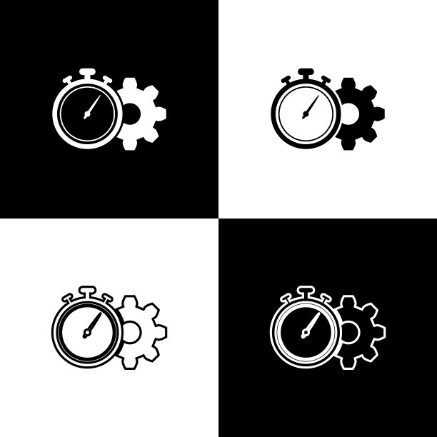 设置时间管理图标隔离在黑色和白色背景。时钟和齿轮标志。生产力的象征。矢量图图片下载