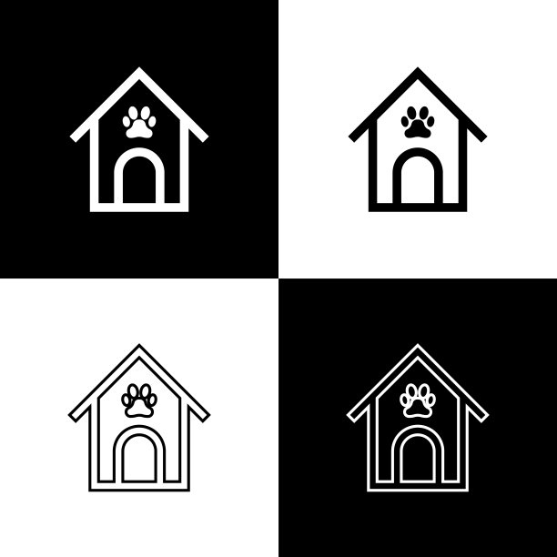 设置狗屋和爪印宠物图标孤立在黑色和白色的背景。狗窝。矢量图图片下载