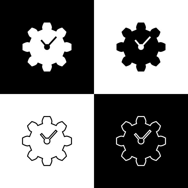 设置时间管理图标隔离在黑色和白色背景。时钟和齿轮标志。生产力的象征。矢量图图片下载