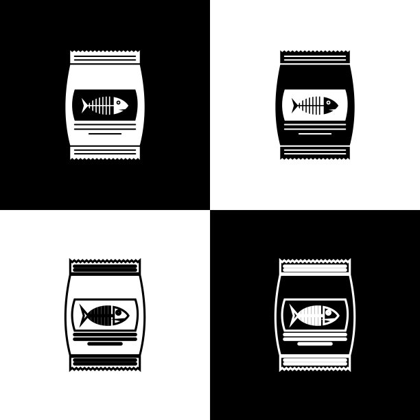 设置袋食物的猫图标孤立在黑色和白色的背景。鱼骨架的迹象。动物的食物。宠物食品包装。矢量图图片下载