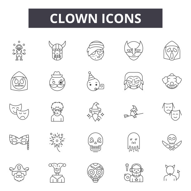 小丑线图标，符号集，矢量。小丑轮廓概念，插图:小丑，乐趣，派对，孤立，decircus，帽子图片下载